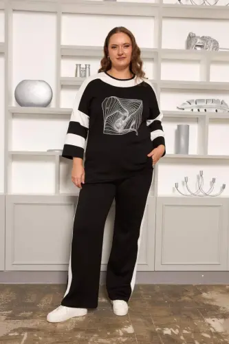 Strip Detailed Plus Size Tracksuit Black - 3