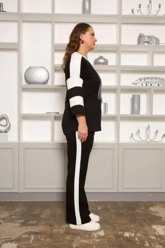 Strip Detailed Plus Size Tracksuit Black - 4