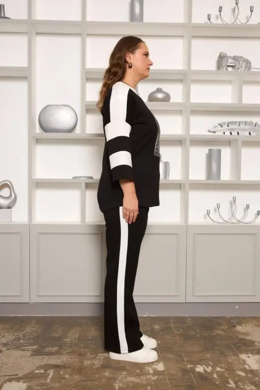 Strip Detailed Plus Size Tracksuit Black - 4