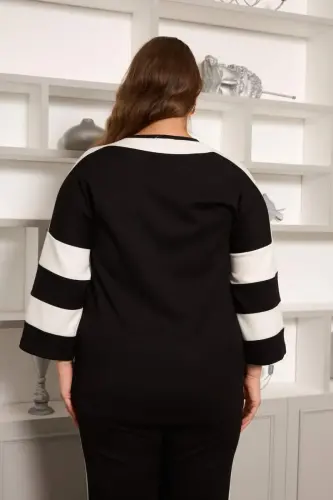 Strip Detailed Plus Size Tracksuit Black - 5