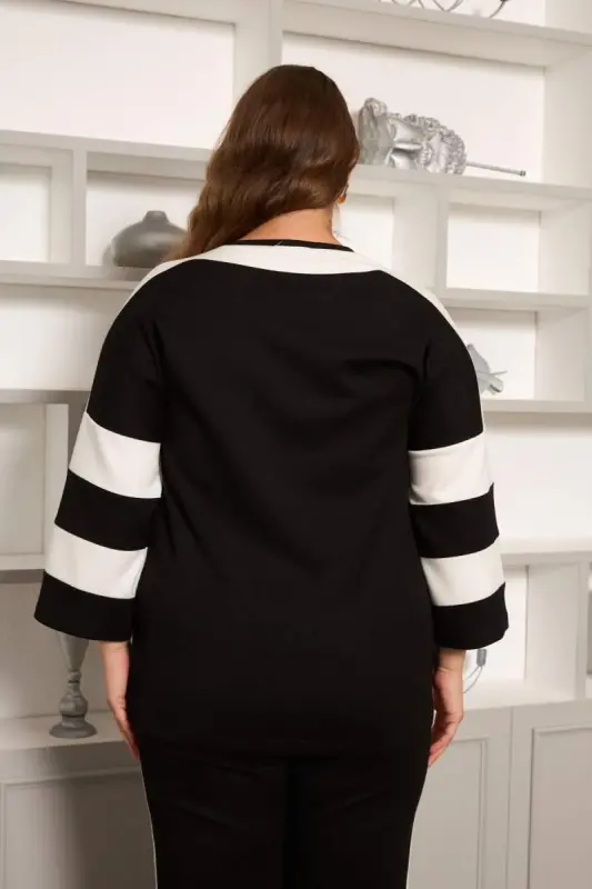 Strip Detailed Plus Size Tracksuit Black - 5