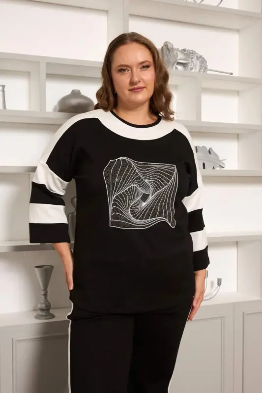 Strip Detailed Plus Size Tracksuit Black - 6