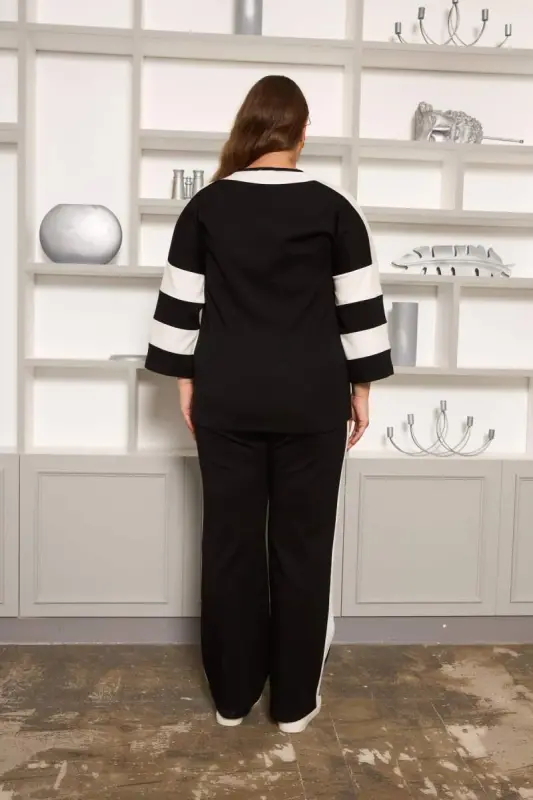 Strip Detailed Plus Size Tracksuit Black - 7