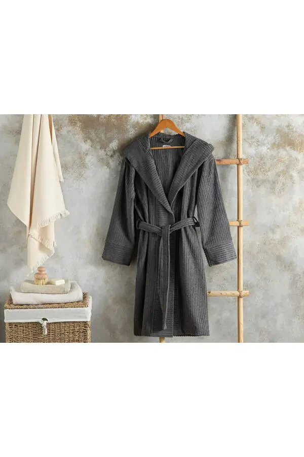 Stripe Cotton Ribbed Bathrobe S-M Anthracite - 1