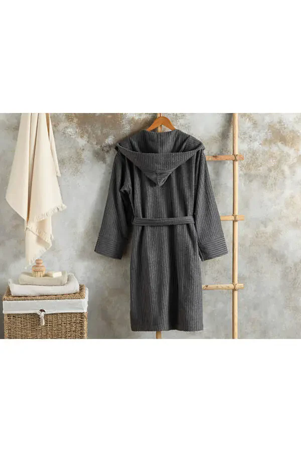 Stripe Cotton Ribbed Bathrobe S-M Anthracite - 2