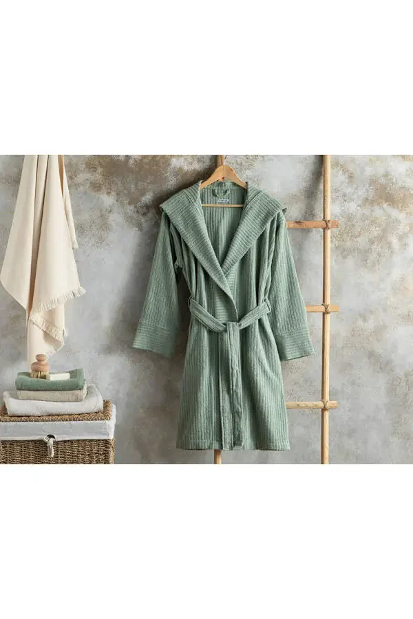Stripe Cotton Terry Bathrobe S-M Sea Green - 1