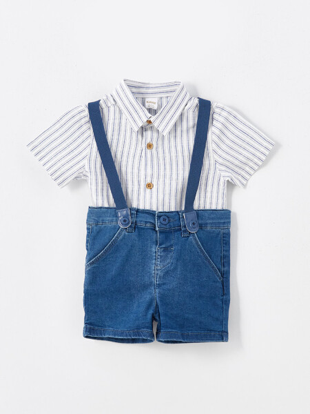 Striped Baby Boy Shirt with Bike Collar Short Sleeve and Jean Shorts 2 Piece Set - 4