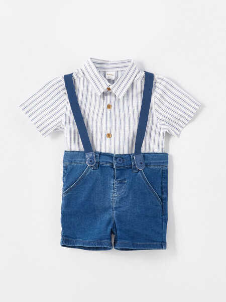 Striped Baby Boy Shirt with Bike Collar Short Sleeve and Jean Shorts 2 Piece Set - 1