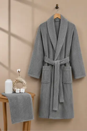 Striped Bathrobe Set 100% Cotton Certified 2-Piece, Shawl Collar Bathrobe and Hair Towel Set Gray - Gray - 4