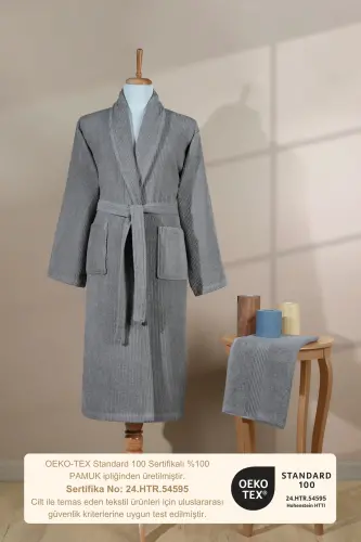Striped Bathrobe Set 100% Cotton Certified 2-Piece, Shawl Collar Bathrobe and Hair Towel Set Gray - Gray - 8