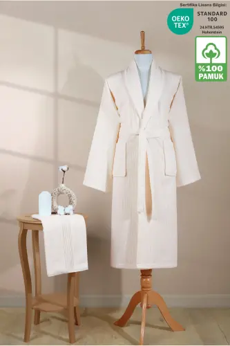 Striped Bathrobe Set 100% Cotton Certified 2 Pieces, Shawl Collar Bathrobe and Head Towel Set Cream-Cream 