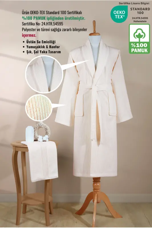 Striped Bathrobe Set 100% Cotton Certified 2 Pieces, Shawl Collar Bathrobe and Head Towel Set Cream-Cream - 2