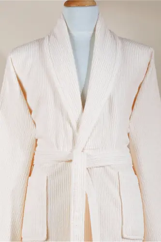 Striped Bathrobe Set 100% Cotton Certified 2 Pieces, Shawl Collar Bathrobe and Head Towel Set Cream-Cream - 3