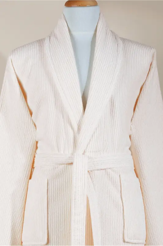 Striped Bathrobe Set 100% Cotton Certified 2 Pieces, Shawl Collar Bathrobe and Head Towel Set Cream-Cream - 3