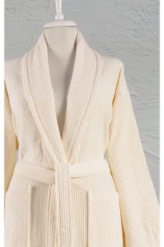 Striped Bathrobe Set 100% Cotton Certified 2 Pieces, Shawl Collar Bathrobe and Head Towel Set Cream-Cream - 4