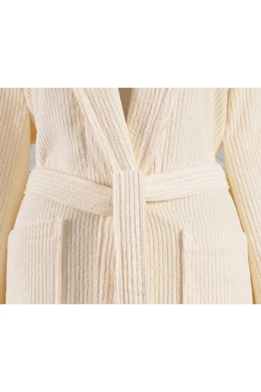 Striped Bathrobe Set 100% Cotton Certified 2 Pieces, Shawl Collar Bathrobe and Head Towel Set Cream-Cream - 5