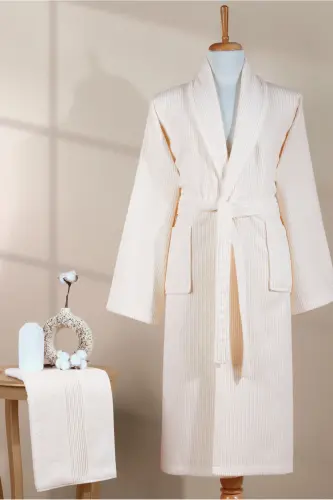 Striped Bathrobe Set 100% Cotton Certified 2 Pieces, Shawl Collar Bathrobe and Head Towel Set Cream-Cream - 6