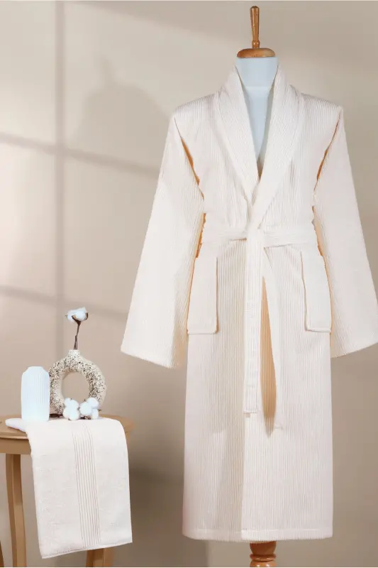 Striped Bathrobe Set 100% Cotton Certified 2 Pieces, Shawl Collar Bathrobe and Head Towel Set Cream-Cream - 6