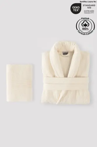 Striped Bathrobe Set 100% Cotton Certified 2 Pieces, Shawl Collar Bathrobe and Head Towel Set Cream-Cream - 7