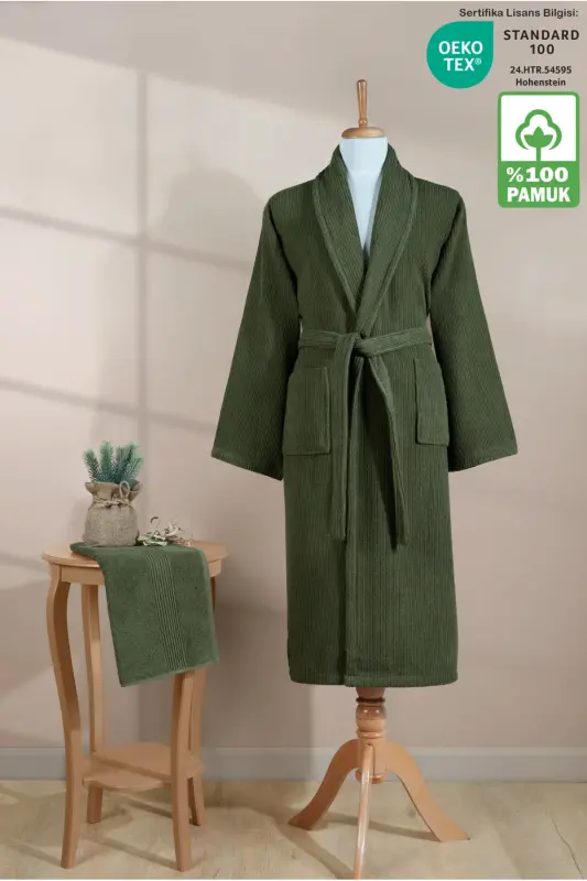 Striped Bathrobe Set 100% Cotton Certified 2 Pieces, Shawl Collar Bathrobe And Head Towel Set Dark Green-Dark Green - 1