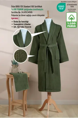Striped Bathrobe Set 100% Cotton Certified 2 Pieces, Shawl Collar Bathrobe And Head Towel Set Dark Green-Dark Green - ELLALINE (1)