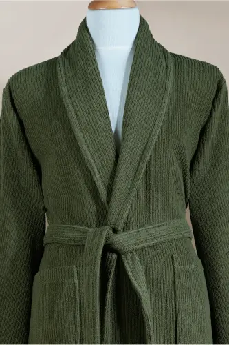 Striped Bathrobe Set 100% Cotton Certified 2 Pieces, Shawl Collar Bathrobe And Head Towel Set Dark Green-Dark Green - 3