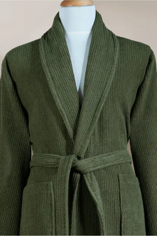 Striped Bathrobe Set 100% Cotton Certified 2 Pieces, Shawl Collar Bathrobe And Head Towel Set Dark Green-Dark Green - 3