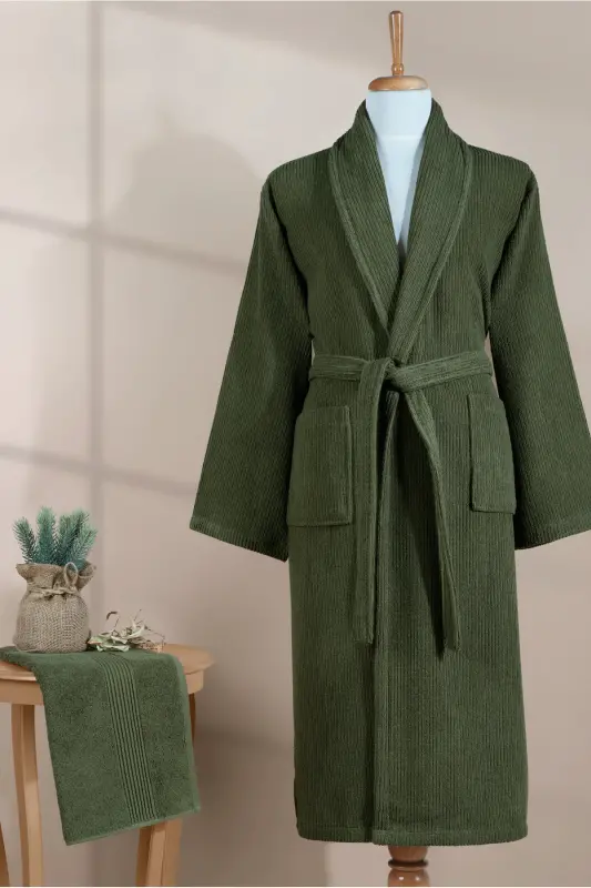 Striped Bathrobe Set 100% Cotton Certified 2 Pieces, Shawl Collar Bathrobe And Head Towel Set Dark Green-Dark Green - 4