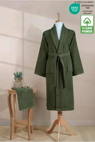 Striped Bathrobe Set 100% Cotton Certified 2 Pieces, Shawl Collar Bathrobe And Head Towel Set Dark Green-Dark Green 