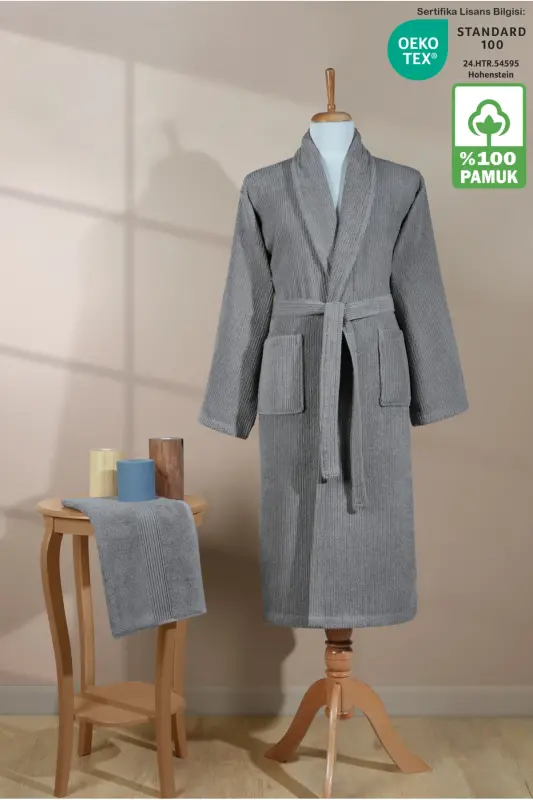 Striped Bathrobe Set 100% Cotton Certified 2 Pieces, Shawl Collar Bathrobe and Head Towel Set Grey-Grey - 1