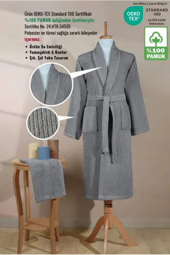 Striped Bathrobe Set 100% Cotton Certified 2 Pieces, Shawl Collar Bathrobe and Head Towel Set Grey-Grey - ELLALINE (1)