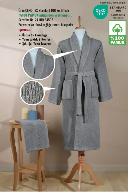 Striped Bathrobe Set 100% Cotton Certified 2 Pieces, Shawl Collar Bathrobe and Head Towel Set Grey-Grey - 2