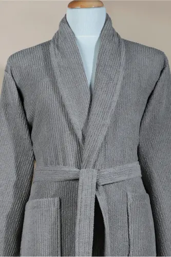 Striped Bathrobe Set 100% Cotton Certified 2 Pieces, Shawl Collar Bathrobe and Head Towel Set Grey-Grey - 3