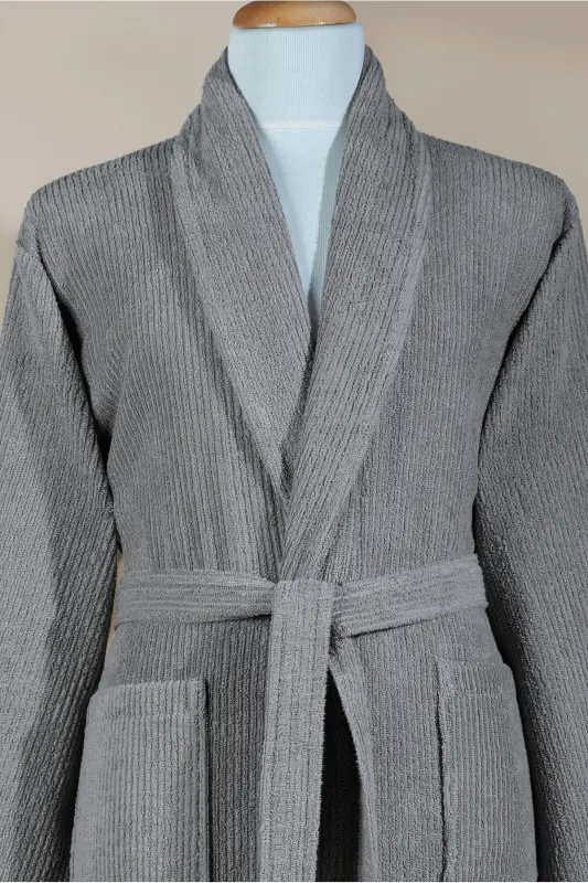 Striped Bathrobe Set 100% Cotton Certified 2 Pieces, Shawl Collar Bathrobe and Head Towel Set Grey-Grey - 3
