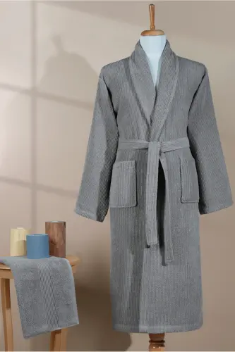Striped Bathrobe Set 100% Cotton Certified 2 Pieces, Shawl Collar Bathrobe and Head Towel Set Grey-Grey - 4