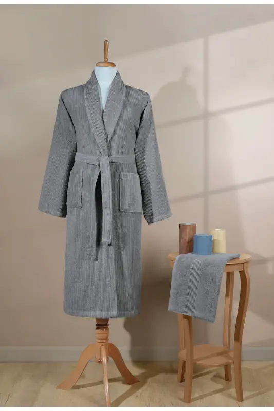 Striped Bathrobe Set 100% Cotton Certified 2 Pieces, Shawl Collar Bathrobe and Head Towel Set Grey-Grey - 5