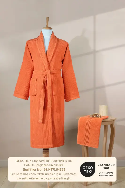 Striped Bathrobe Set 100% Cotton Certified 2 Pieces, Shawl Collar Bathrobe and Head Towel Set Orange-Tile Orange - 5