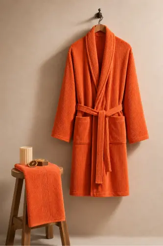 Striped Bathrobe Set 100% Cotton Certified 2 Pieces, Shawl Collar Bathrobe and Head Towel Set Orange-Tile Orange 