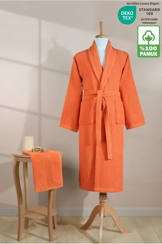Striped Bathrobe Set 100% Cotton Certified 2 Pieces, Shawl Collar Bathrobe and Head Towel Set Orange-Tile Orange - 1
