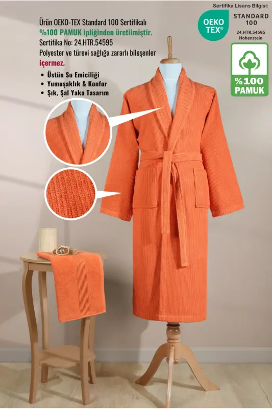 Striped Bathrobe Set 100% Cotton Certified 2 Pieces, Shawl Collar Bathrobe and Head Towel Set Orange-Tile Orange - 2