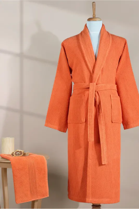 Striped Bathrobe Set 100% Cotton Certified 2 Pieces, Shawl Collar Bathrobe and Head Towel Set Orange-Tile Orange - 4