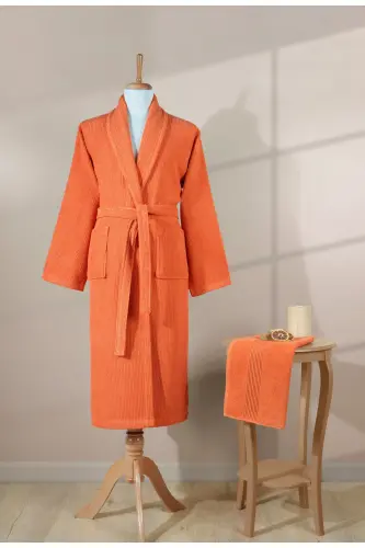 Striped Bathrobe Set 100% Cotton Certified 2 Pieces, Shawl Collar Bathrobe and Head Towel Set Orange-Tile Orange - 5