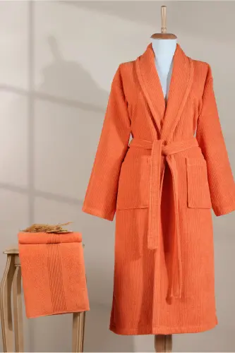 Striped Bathrobe Set 100% Cotton Certified 2 Pieces, Shawl Collar Bathrobe and Head Towel Set Orange-Tile Orange - 6