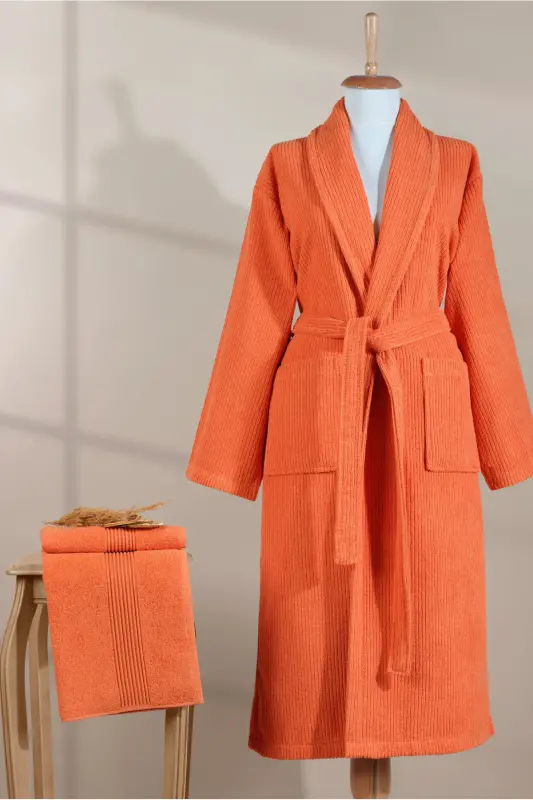Striped Bathrobe Set 100% Cotton Certified 2 Pieces, Shawl Collar Bathrobe and Head Towel Set Orange-Tile Orange - 6