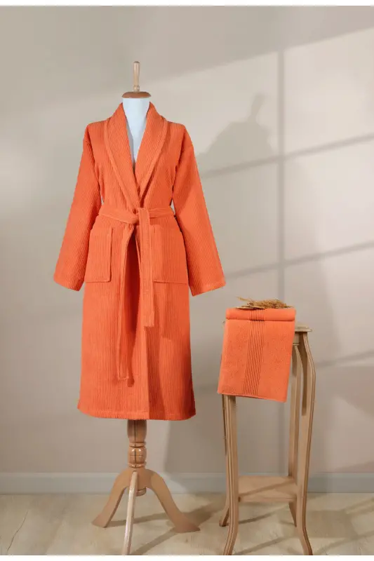 Striped Bathrobe Set 100% Cotton Certified 2 Pieces, Shawl Collar Bathrobe and Head Towel Set Orange-Tile Orange - 7