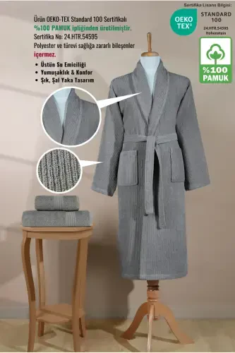 Striped Bathrobe Set 100% Cotton Certified 3 Piece Shawl Collar Bathrobe and Head Towel Set Gray Color-Gray - 2