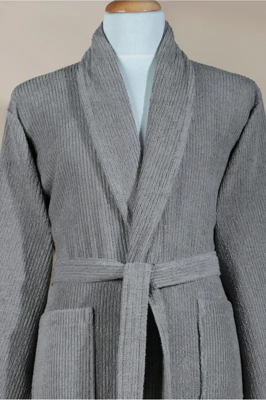 Striped Bathrobe Set 100% Cotton Certified 3 Piece Shawl Collar Bathrobe and Head Towel Set Gray Color-Gray - 3