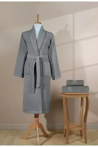 Striped Bathrobe Set 100% Cotton Certified 3 Piece Shawl Collar Bathrobe and Head Towel Set Gray Color-Gray - 4