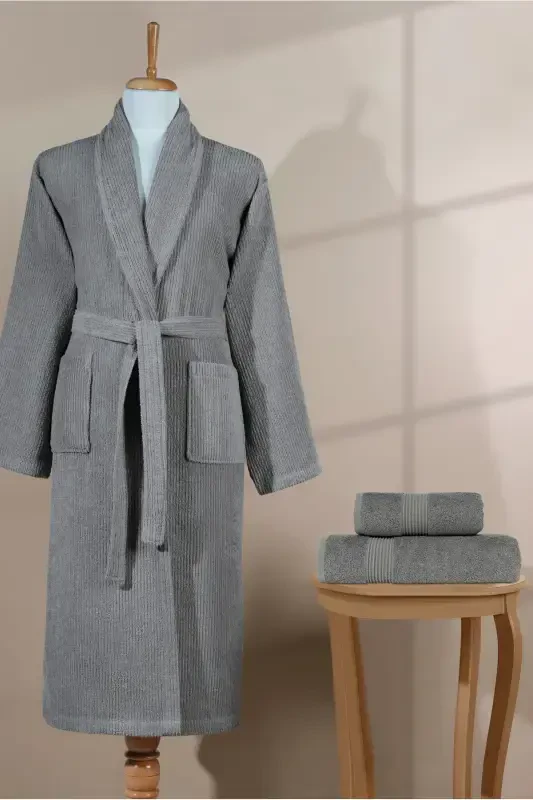 Striped Bathrobe Set 100% Cotton Certified 3 Piece Shawl Collar Bathrobe and Head Towel Set Gray Color-Gray - 5