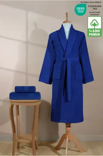 Striped Bathrobe Set 100% Cotton Certified 3 Piece Shawl Collar Bathrobe And Head Towel Set Navy Blue-Navy Blue - 1